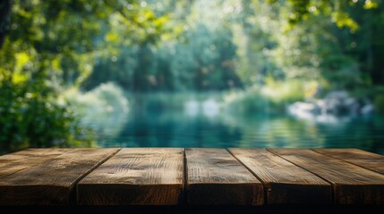 Naklejka premium Serene Lakeside Wooden Table: A Tranquil Summer Escape
