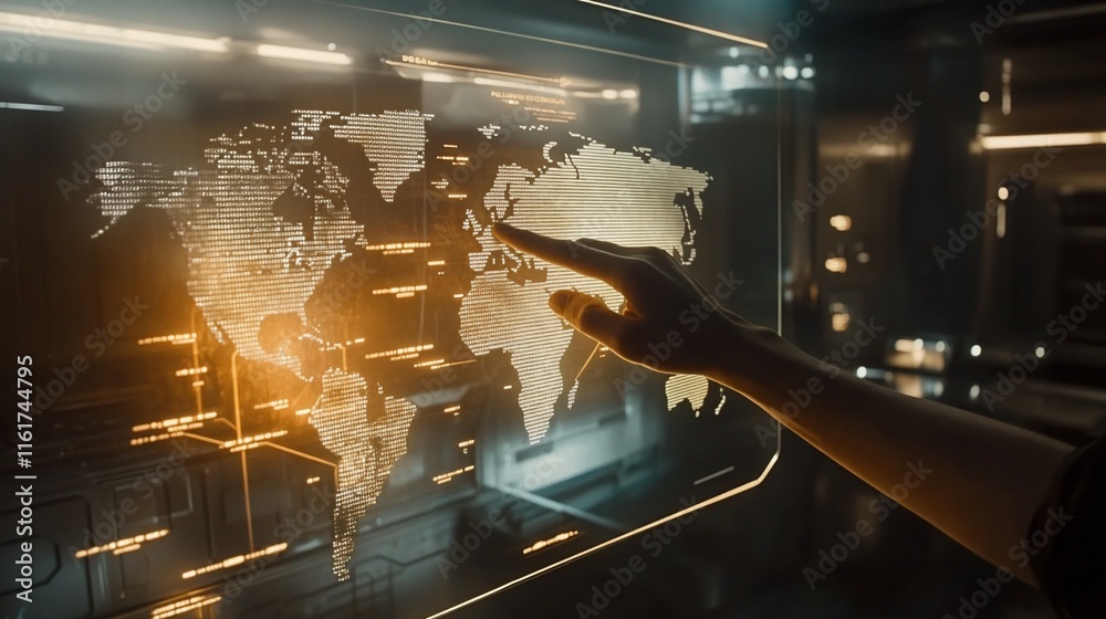 Poster Hand interacting with a futuristic holographic world map on a large transparent screen.