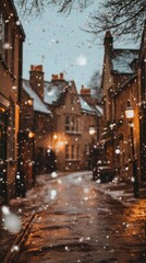 Fototapeta premium Snow Falling on a Charming Old Town Street
