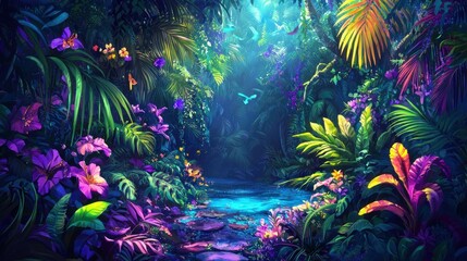 Fototapeta premium A colorful digital illustration depicting a vibrant tropical jungle teeming with life.