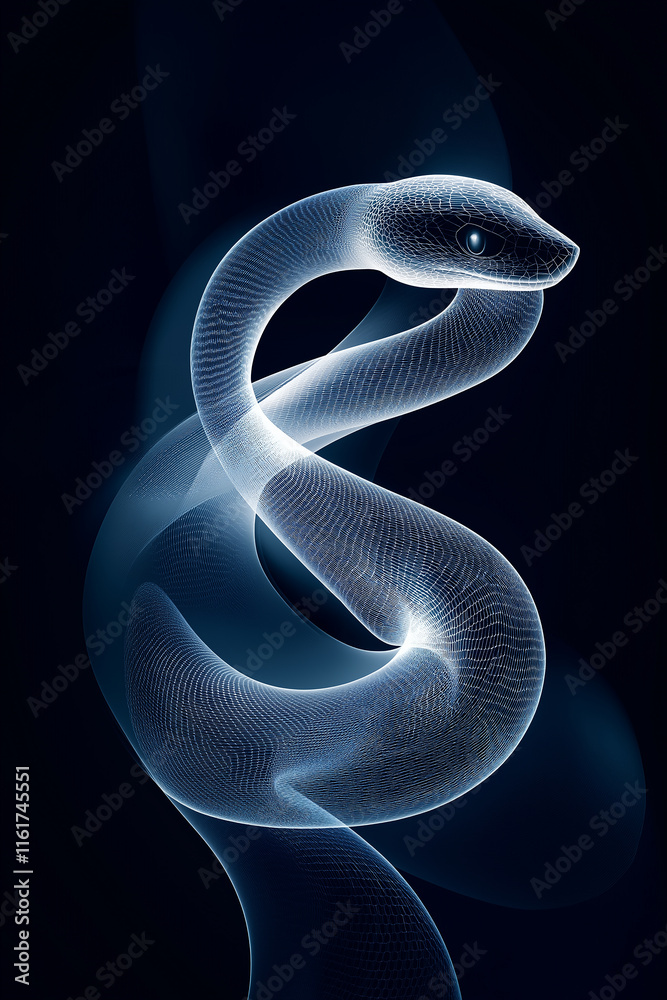 Poster wireframe snake slithering in digital darkness, artificial intelligence concept