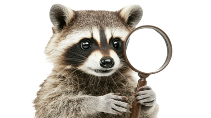 PNG Funny curious detective raccoon with a magnifying glass available on transparent background
