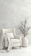 White Armchair Blanket Pillow Vase Minimalist Decor