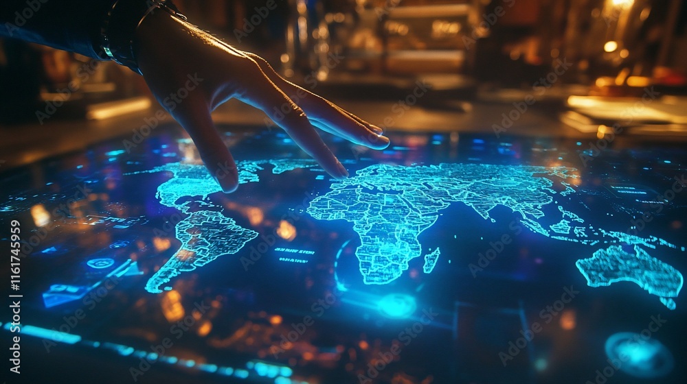 Poster Hand interacts with a digital world map projected onto a large touchscreen.