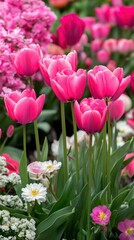 Obraz premium Pink Tulips Blooming Amidst Other Flowers