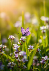 Purple butterfly on wild white violet flowers in grass in rays of sunlight, macro. Spring summer fresh artistic image of beauty morning nature. Selective soft focus, flat design