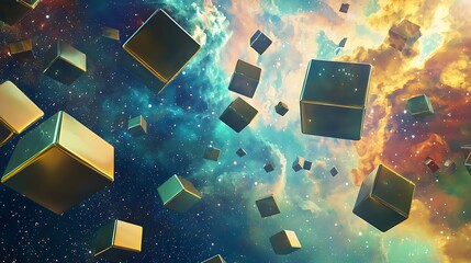 A space scene with many cubes floating in the air