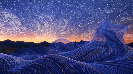 A blue and orange sky with a mountain range in the background