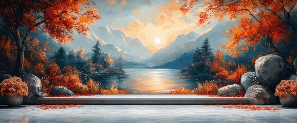 Serene Autumn Landscape with Empty Display Platform