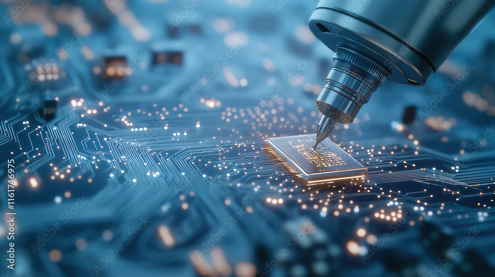 Poster a close-up of a precision tool working on a microchip on a circuit board, showcasing intricate techn