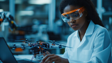 A focused scientist in a lab wearing protective goggles, working on a drone prototype with a laptop in a high-tech environment.