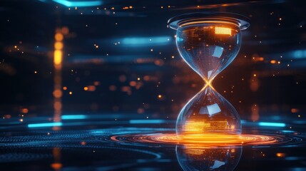 A futuristic hourglass with glowing particles flowing smoothly, symbolizing the fusion of time and technology.
