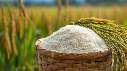 Rice on basket, rice field background