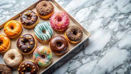 A tray of assorted donuts with different flavors and toppings on a marble countertop, illuminated by soft natural light, donut varieties, breakfast bakery items