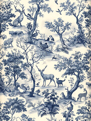 French Style Forest & Deer Toile de Jouy Pattern blue texture fabric wall paper
