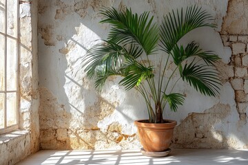Fototapeta premium Palm plant in terracotta pot against a rustic, aged wall. Ideal for interior design, home decor, and natural themes.