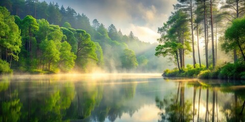 Fototapeta premium Soothing forest ambiance with misty atmosphere and calm water, nature, mist