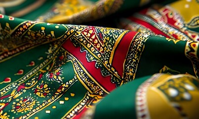 Close-up of rich green fabric with intricate gold, red, and yellow patterns.