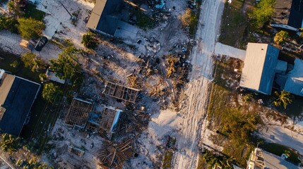 A community coming together to rebuild homes and infrastructure after a hurricane.