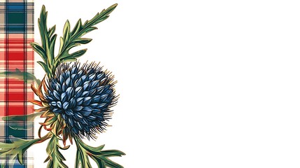 Blue thistle flower with plaid border.