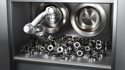 A robotic arm sorting metallic components in an industrial setting.