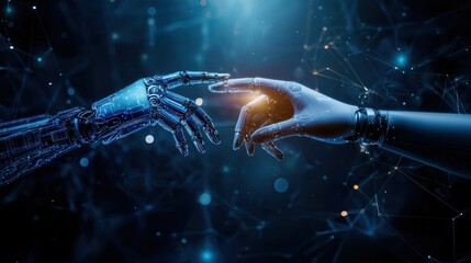 A digital representation of a robotic hand and a human hand reaching toward each other, symbolizing the connection between technology and humanity.