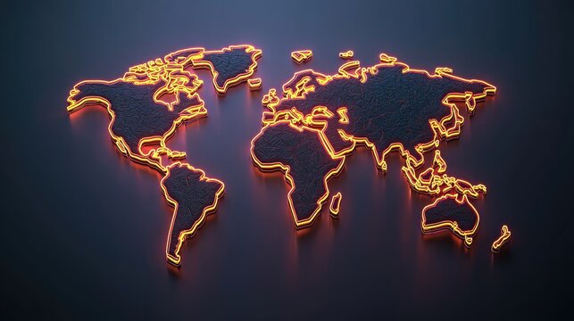 Fototapeta Neon World Map on Dark Background Highlighting Global Connectivity and Modern Design