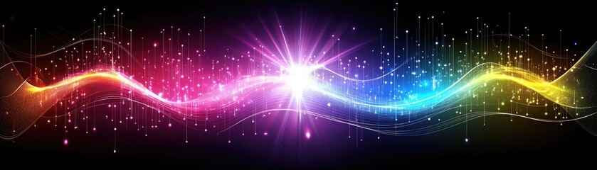 Fototapeta premium Colorful abstract wave with sparkles and light effects on a dark background.