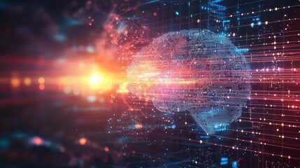 A vibrant digital representation of a brain surrounded by data streams and glowing light effects, symbolizing technology, intelligence, and innovation.