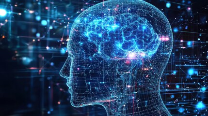 A digital representation of a human head with a glowing brain, illustrating technology, artificial intelligence, and neural networks.