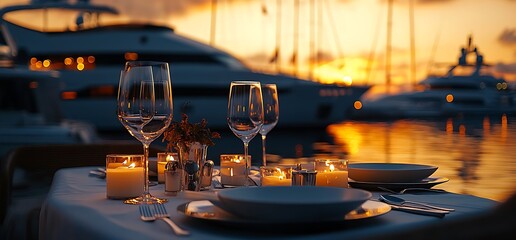A romantic dinner setting by the water at sunset with elegant tableware.