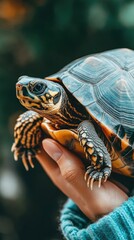 Obraz premium A person holds a colorful turtle in their hand, showcasing its vibrant shell and features.
