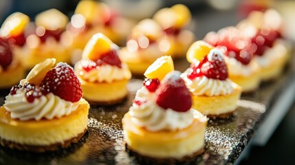 A vibrant array of mini cheesecakes topped with fresh raspberries and yellow fruit, showcasing delicious desserts in a delightful setting.