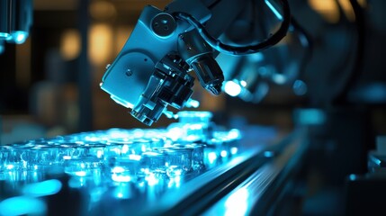 A robotic arm delicately manipulates transparent vials in a high-tech environment, illuminated by vibrant blue lighting, showcasing advanced automation and precision.