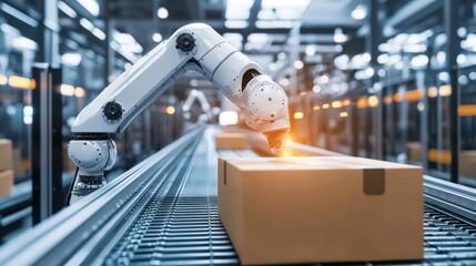 A robotic arm sorts packages on a conveyor belt in a modern warehouse, showcasing automation and efficiency in logistics.