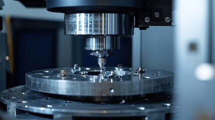 A close-up view of a precision CNC machine tool engaged in metalworking, showcasing intricate machining operations on a circular workpiece.