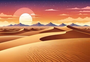 Naklejka premium Desert Sunset Landscape with Rolling Sand Dunes and Mountains