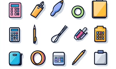 Colorful stationery and office supplies icons.