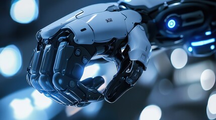 A futuristic robotic hand with intricate details and glowing elements, positioned against a blurred background of lights.