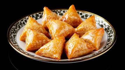 Baklawa, Bowl of small triangular phyllo pastries filled with a rich, brown cream, set against a black background