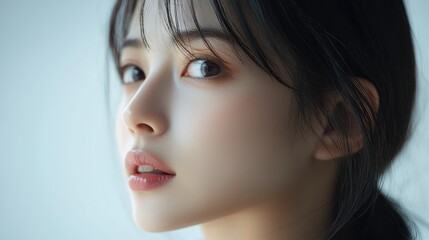 Close-Up Portrait of a Young Woman with Soft Lighting and Natural Makeup