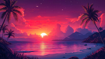 Tropical beach at sunset with palm trees in a vibrant vector illustration in cartoon style
