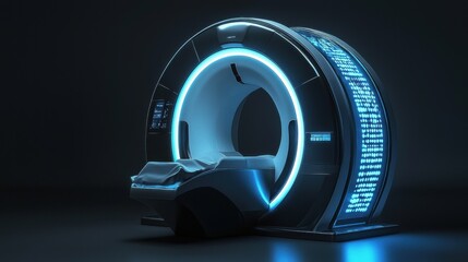A futuristic imaging machine with a glowing design, set against a dark background, highlighting advanced technology and medical innovation.