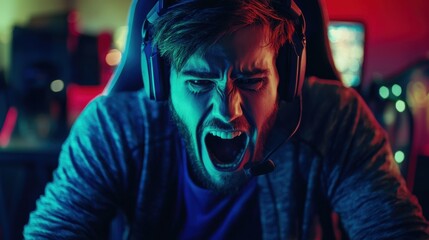 A focused gamer passionately reacting while wearing a headset, surrounded by vibrant gaming lights and equipment.