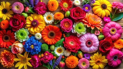 Vibrant colorful flowers arranged in a flat-lay display , vibrant, colorful, flowers, flat-lay, arrangement, petals, blooming