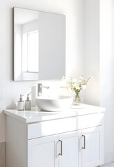 Fototapeta premium 3D render close up empty space on luxury bathroom vanity unit counter top with modern white ceramic wash basin, mirror, beauty toiletries, decor flower bouquet, morning sunlight, white wall, Dreamy