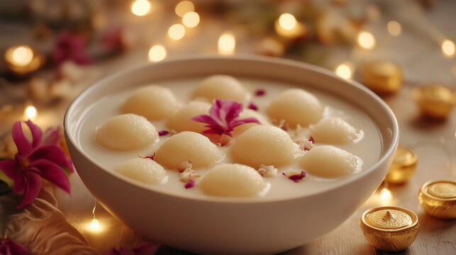Rasagulla, traditional Indian sweet dish in a bowl surrounded by lights