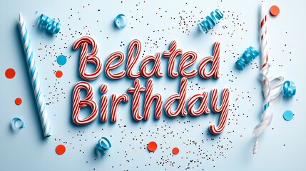 Belated birthday text with sprinkles and straws.