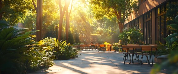 Obraz premium A serene garden space with sunlight filtering through trees and plants.
