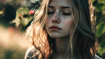 close up smiling woman face with sensual joy and peaceful atmosphere at outdoor city park